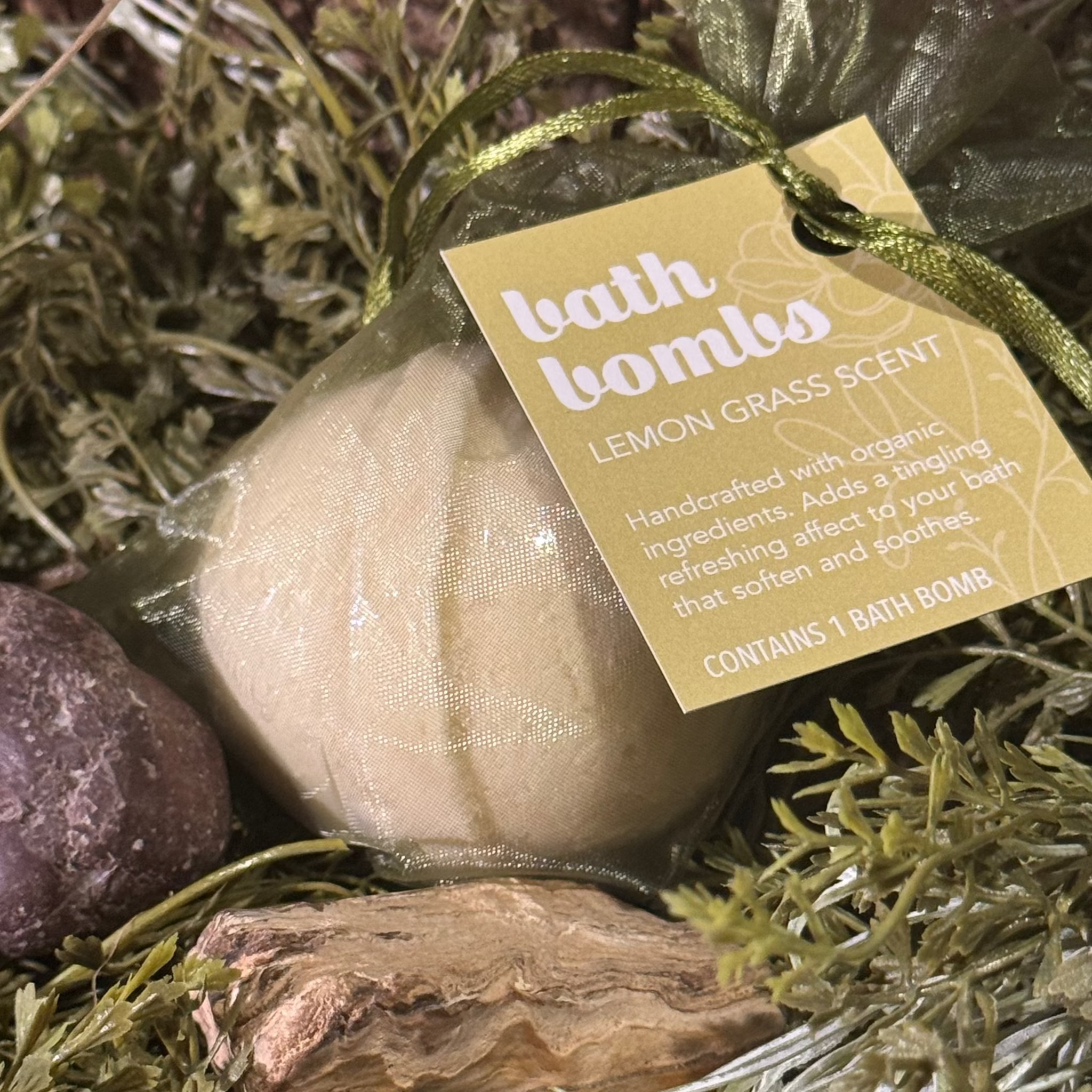 Wild Offshoot Lemon Gras bath bomb - The bath fizzy bomb is 2.5 inches in diameter and weighs 5 oz.