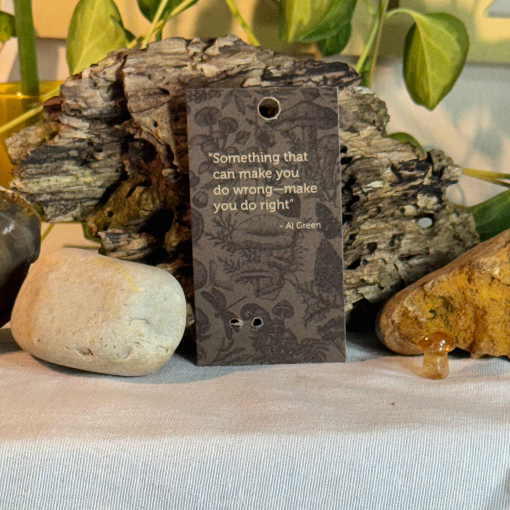 Card with mushroom design and Al Green quote on a natural background