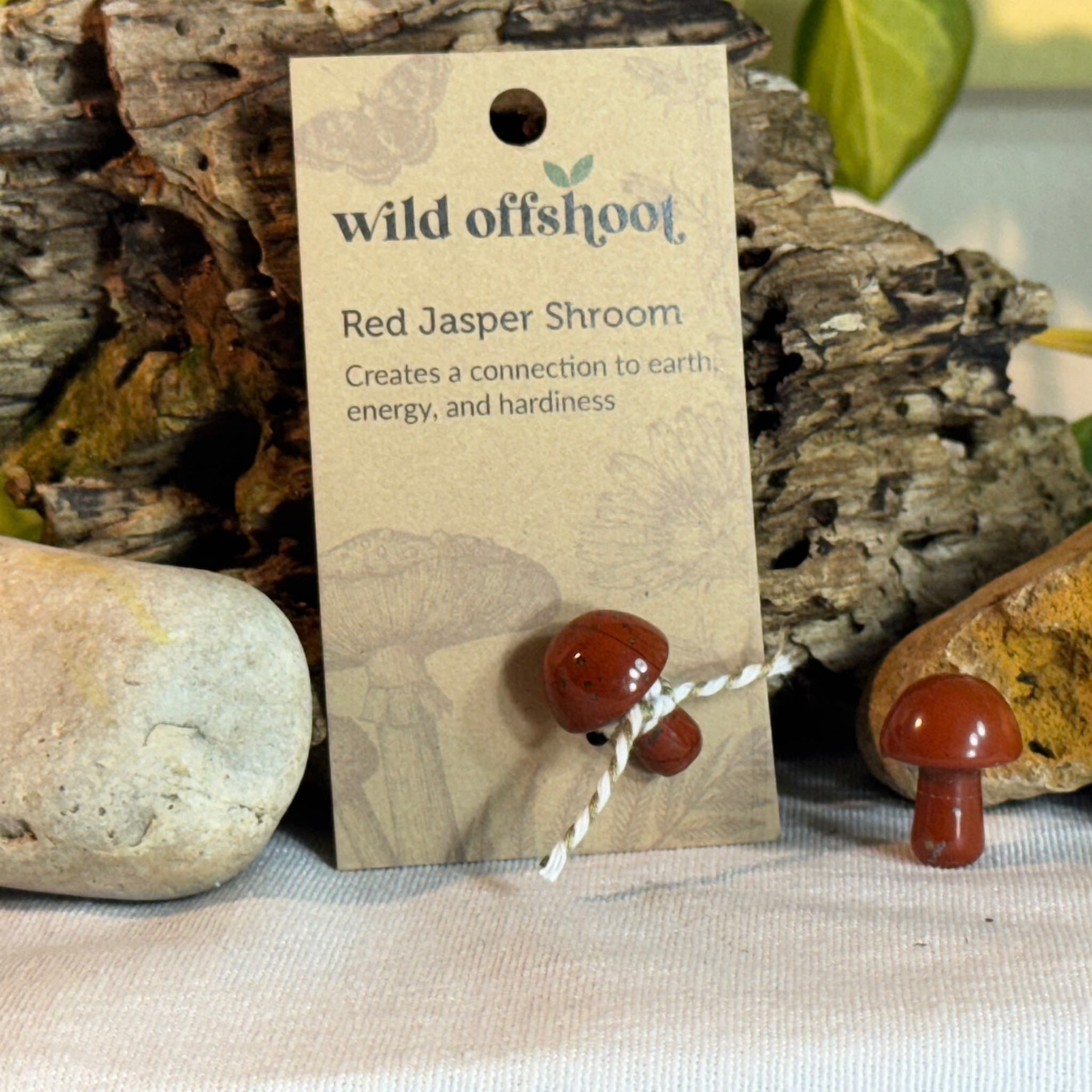 Red Jasper Shroom  on a 'wild offshoot' card with natural background