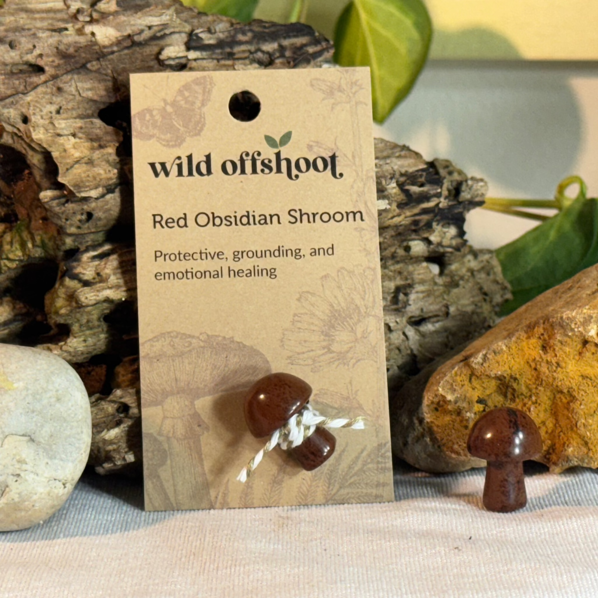 Red Obsidian Shroom  on a 'wild offshoot' card with natural background