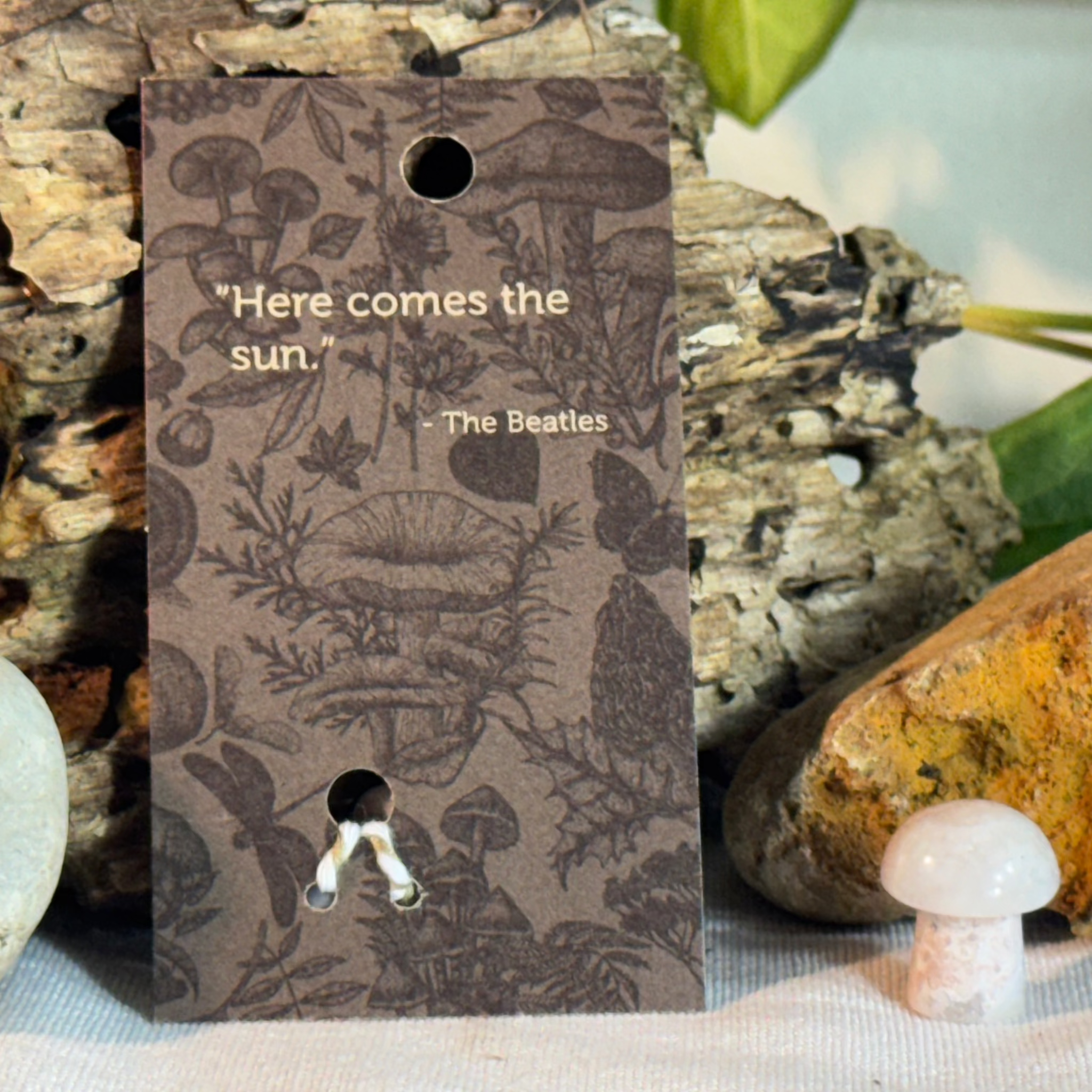 Card with mushroom design and a quote from The Beatles on a natural background