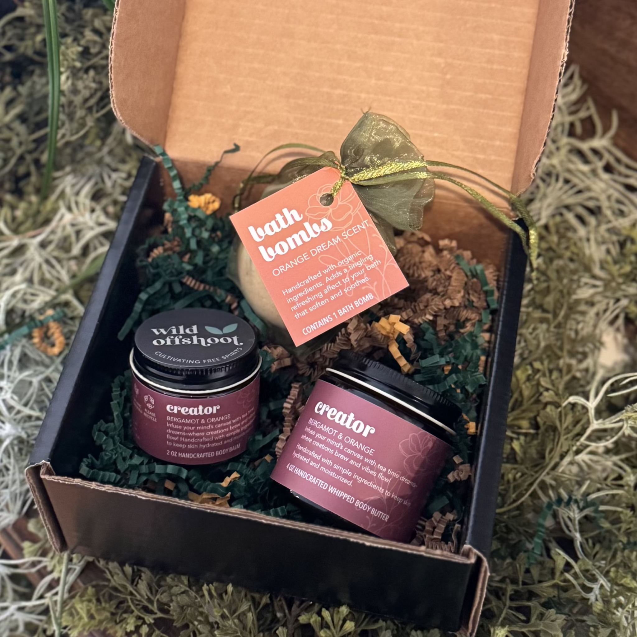 Wild Offshoot CreatorBox - showing Creator balm, butter, and  an Orange Dream Bath Bomb