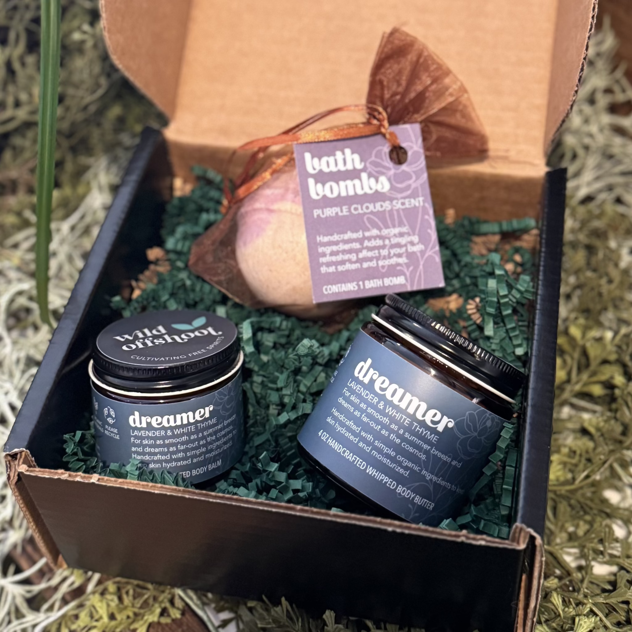 Wild Offshoot Dreamer Box - showing dreamer body balm, butter and a purple clouds bath bomb