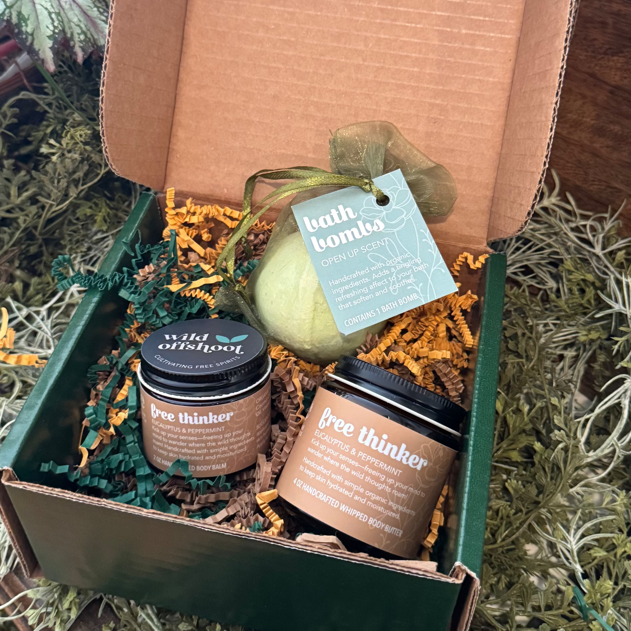 Wild Offshoot Free Thinker Box - showing free thinker body balm, butter and an open up bath bomb