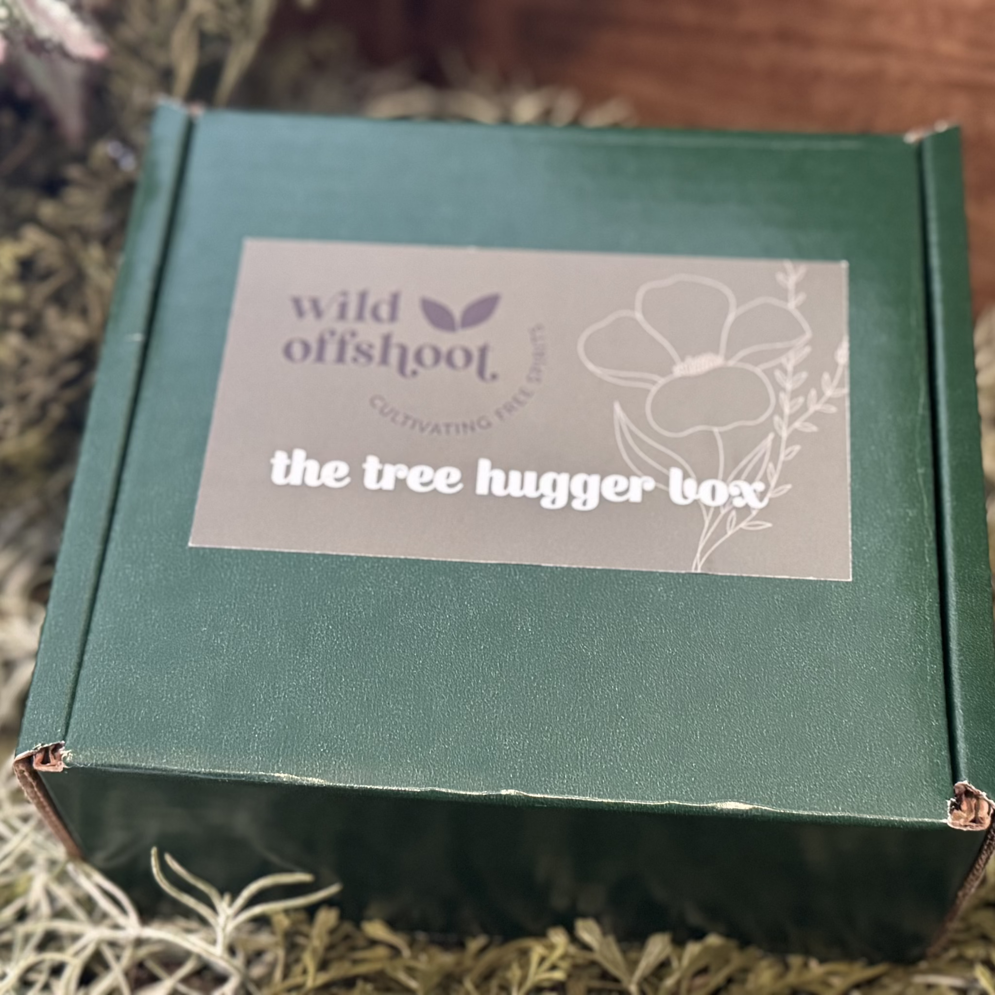 A green box with the 'Wild Offshoot' branding and the words 'The Tree Hugger Box' on it, containing body balm, body butter, and a bath bomb.