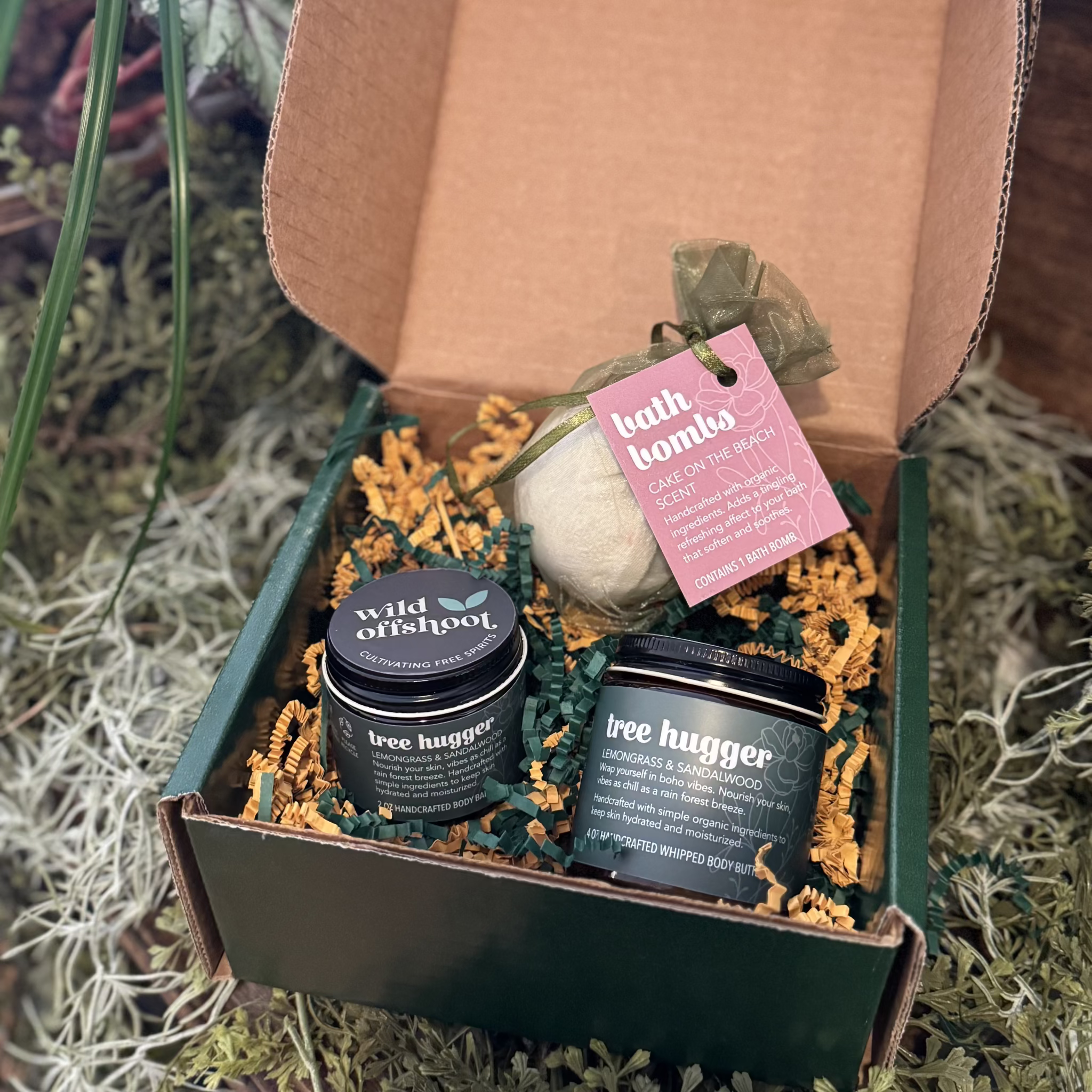 Wild Offshoot tree hugger Box - showing tree hugger balm, butter and cake on the beach bath bomb
