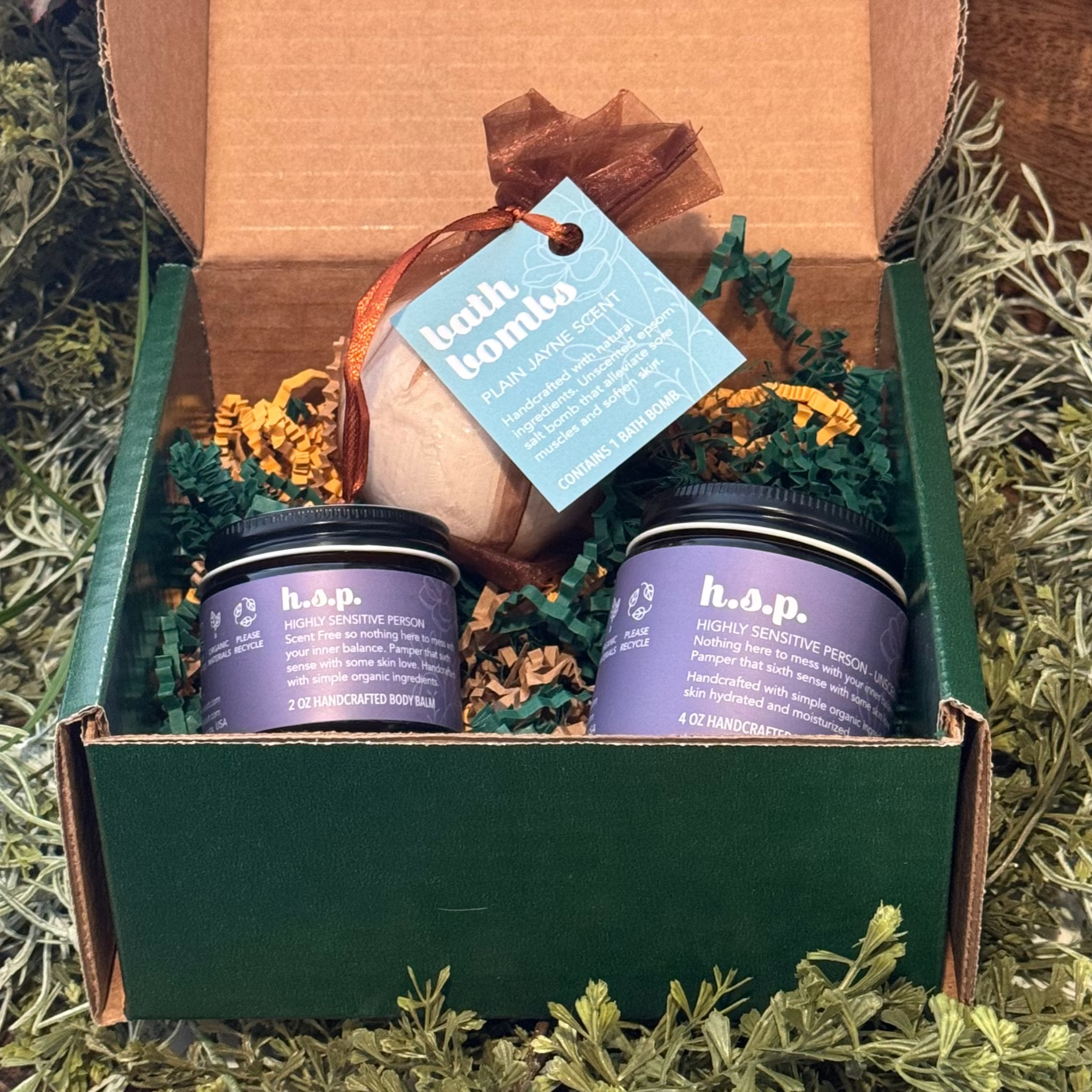 Wild Offshoot h.s.p Box - showing h.s.p. body balm, butter and a Plain Jayne Bath Bomb