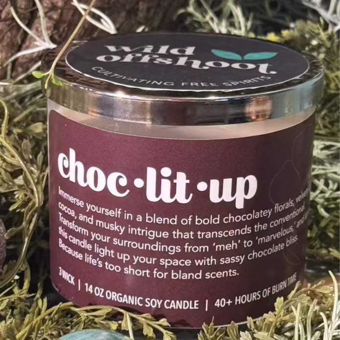 A brown jar 14 oz soy candle with a silver metal lid, of 'Choc*Lit*Up' soy wax candle with three wicks and 40 hours burn time.